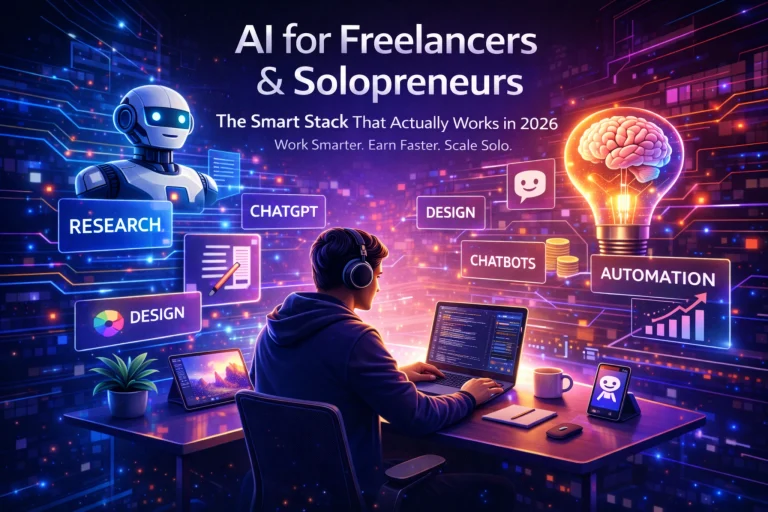 AI tools for freelancers and solopreneurs including ChatGPT, automation, chatbots, design, and research to boost productivity and business growth in 2026