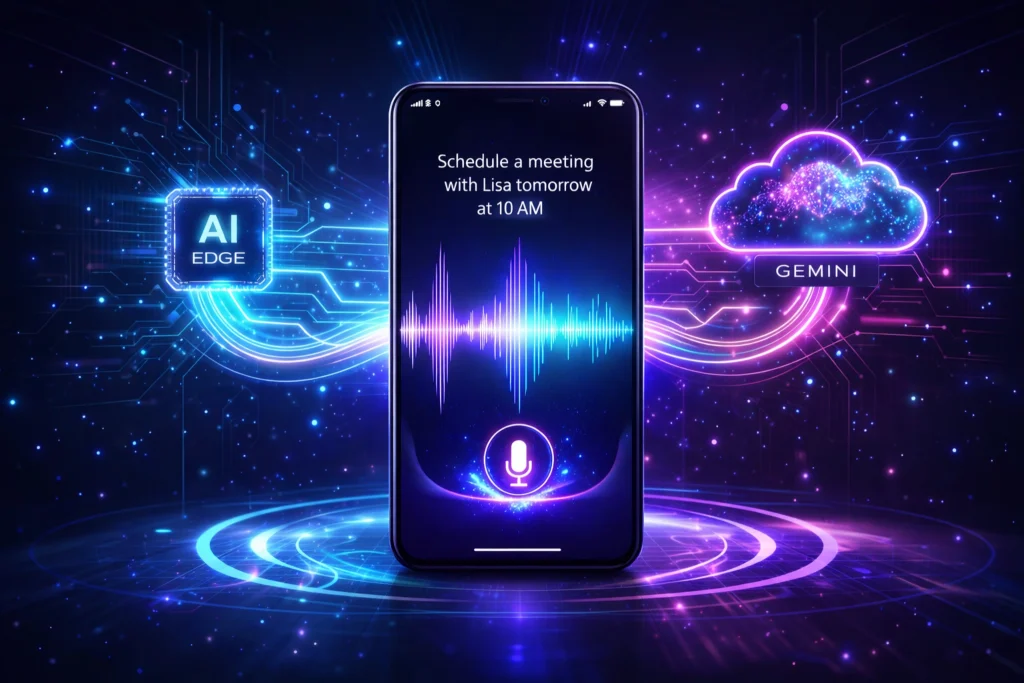 Google AI Edge Eloquent App : Everything You Need to Know 3 AI voice assistant on smartphone with waveform, connected to edge AI chip and Gemini cloud system.