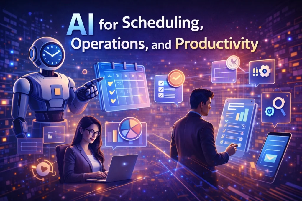 Business owner managing tasks on tablet with AI-powered tools and analytics panels.