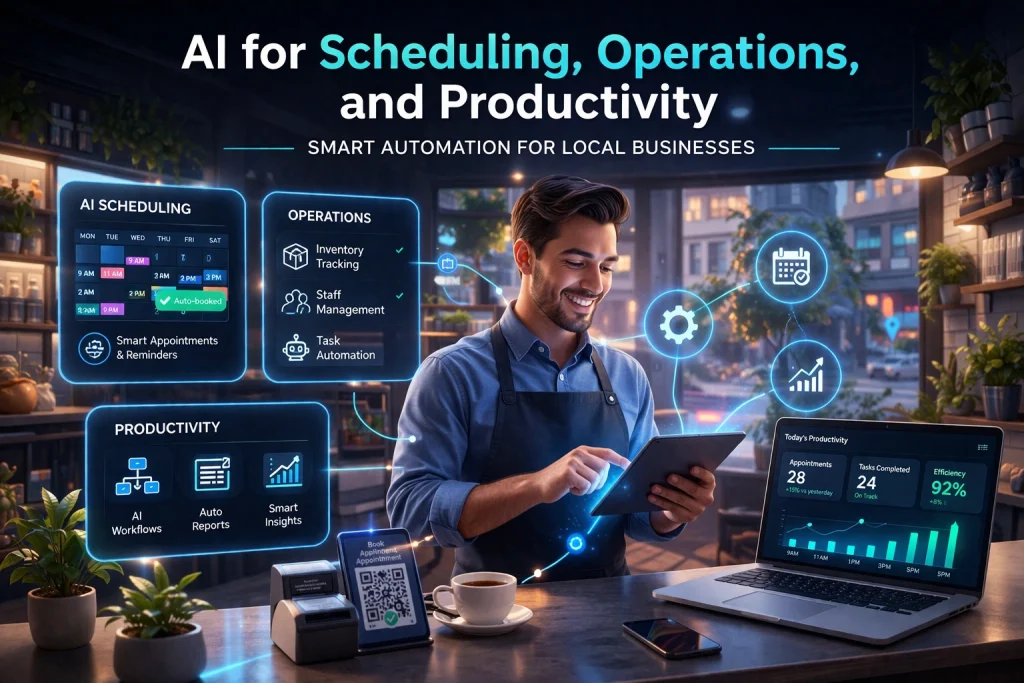 Modern cafe owner using AI dashboard for scheduling, operations, and business productivity.