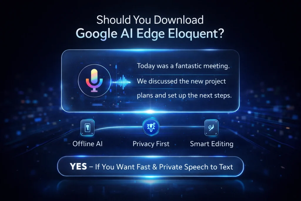 Google AI Edge Eloquent App : Everything You Need to Know 5 Advertisement for Google AI Edge Eloquent featuring features like Offline AI, Privacy First, and Smart Editing, with a recommendation to download for fast and private speech-to-text.