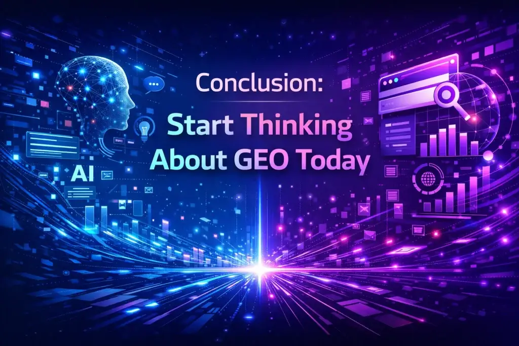 GEO VS SEO: Understanding Generative Engine Optimization in 2026 5 Conclusion GEO concept illustration with AI, data analytics, and generative engine optimization 2026