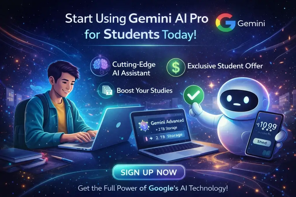 Modern futuristic illustration showing a student using Gemini AI Pro with a robot assistant and sign-up call-to-action.