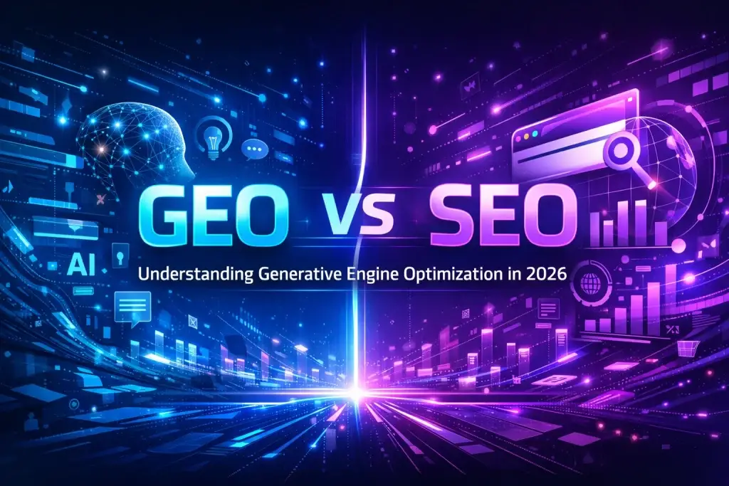 GEO VS SEO: Understanding Generative Engine Optimization in 2026 2 GEO vs SEO comparison illustration showing generative engine optimization and search engine optimization concepts in 2026