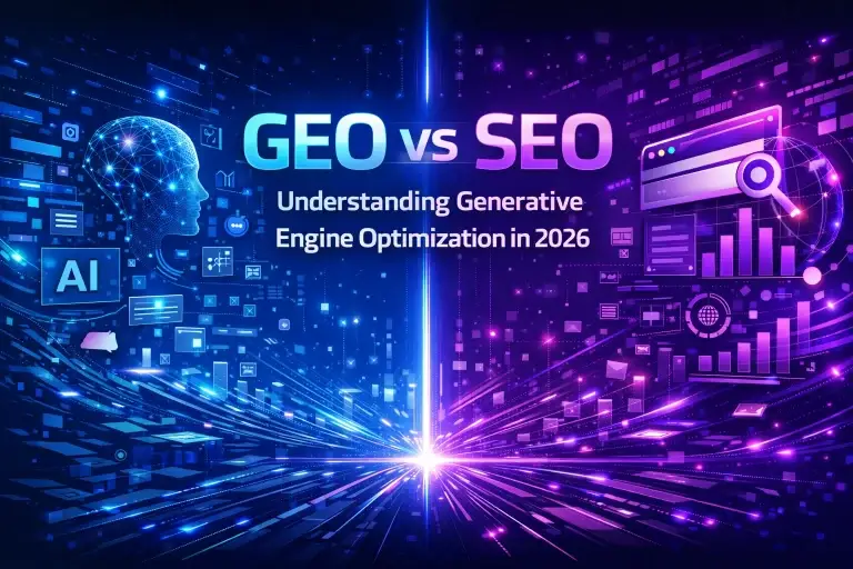 GEO vs SEO comparison illustration with AI and search optimization concepts in 2026