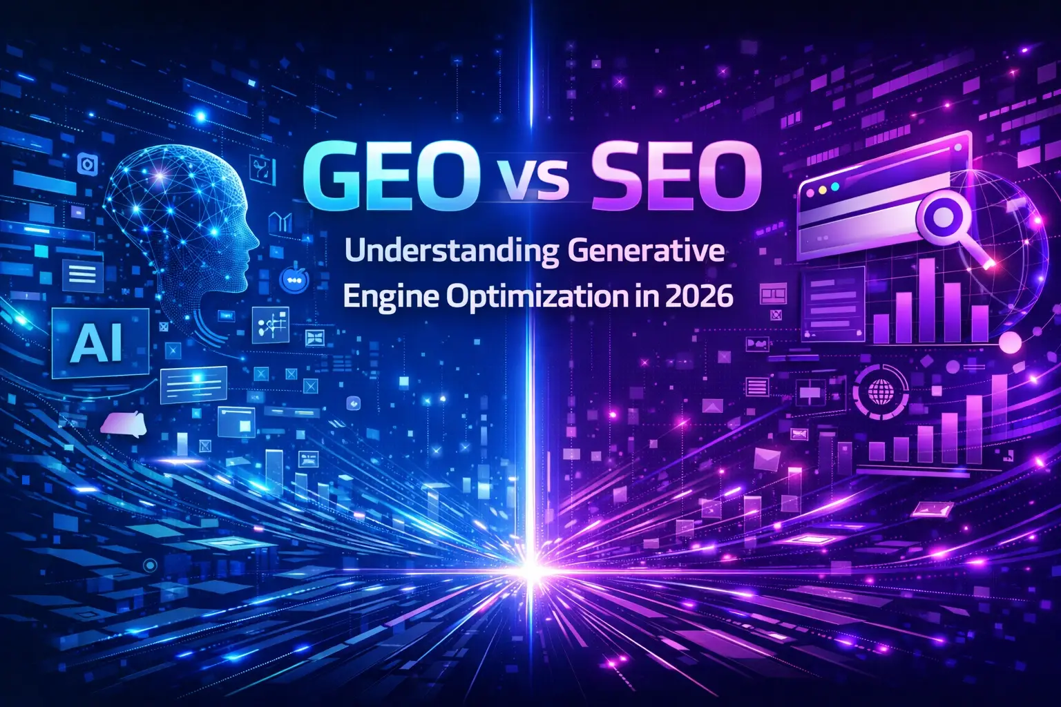 GEO vs SEO comparison illustration with AI and search optimization concepts in 2026