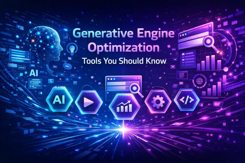 GEO VS SEO: Understanding Generative Engine Optimization in 2026 4 Generative Engine Optimization tools illustration with AI, analytics, and digital marketing icons