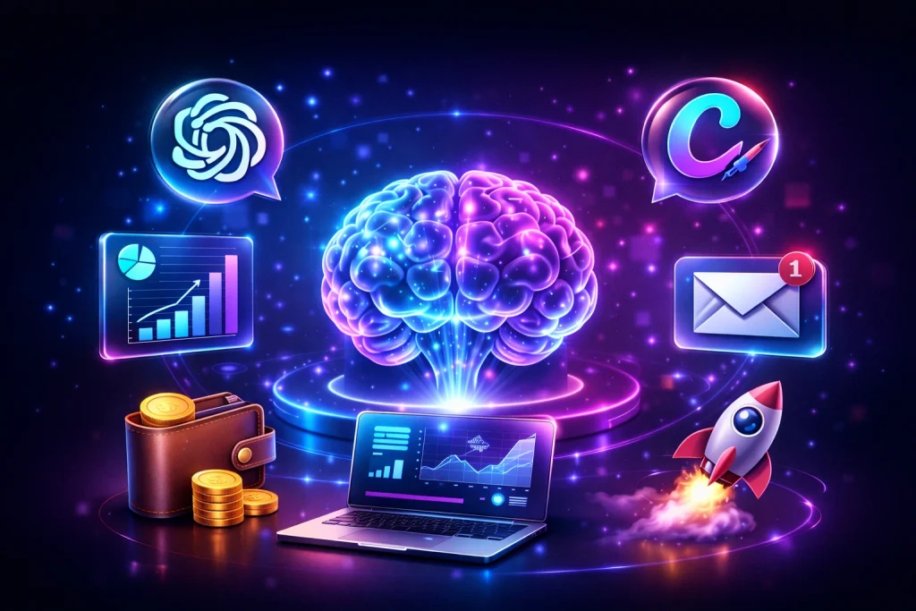 AI marketing tools on a budget with futuristic glowing brain, analytics dashboard, chatbot, email marketing and startup growth concept
