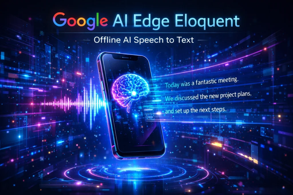 Google AI Edge Eloquent App : Everything You Need to Know 2 Google AI Edge Eloquent app showing offline speech-to-text with brain visualization and voice waveform on smartphone.