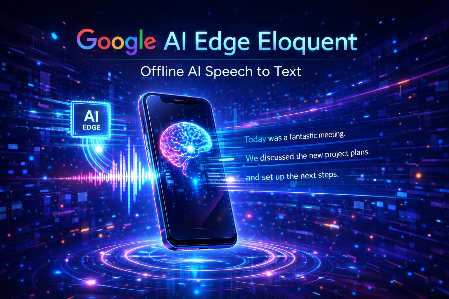 Google AI Edge Eloquent app showing offline speech-to-text with brain visualization and voice waveform on smartphone with offline
