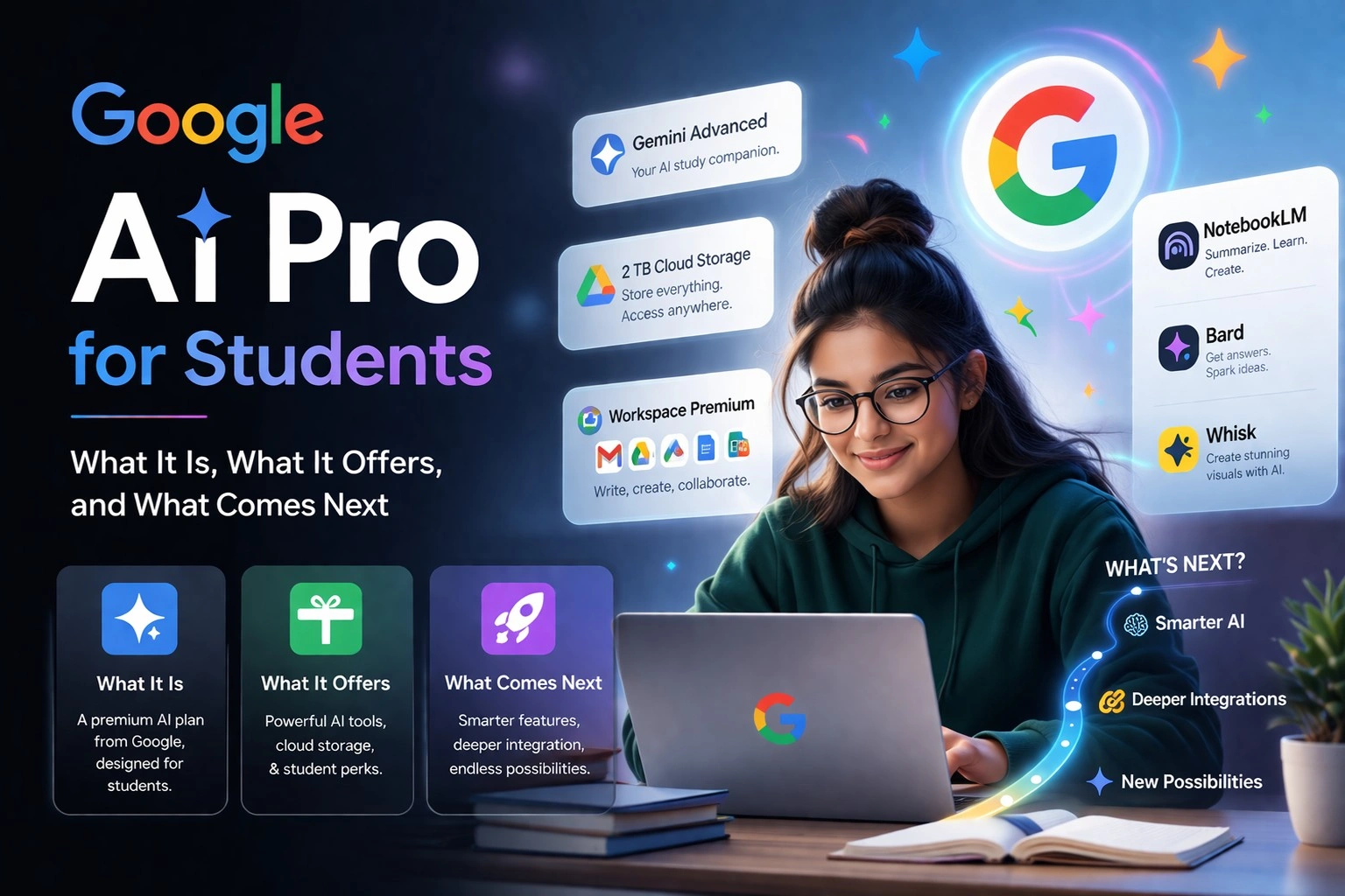 Student using a laptop with Google AI Pro interface showing Gemini Advanced, cloud storage, Workspace tools, and AI apps like NotebookLM and Bard.