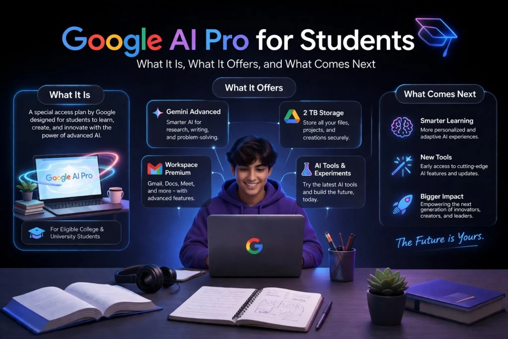 Google AI Pro for Students: What It Is, What It Offers, and What Comes Next 2 Student studying with a laptop surrounded by Google AI Pro for Students features like Gemini Advanced, Workspace tools, AI experiments, and future learning enhancements.