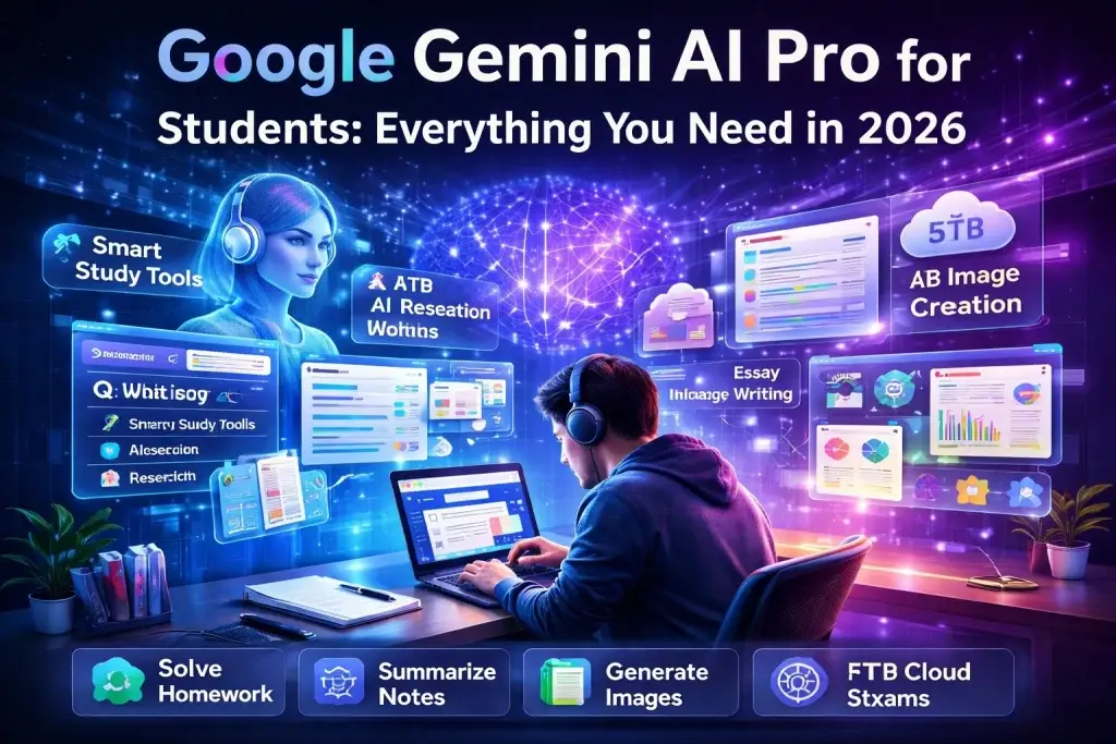 Student using Gemini AI Pro for Students with smart study tools, homework solving, note summarization, and AI image generation
