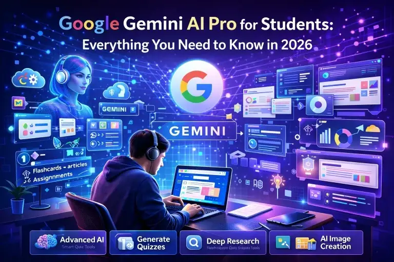 Google Gemini AI Pro dashboard for students with AI tools for quizzes, research, and content creation