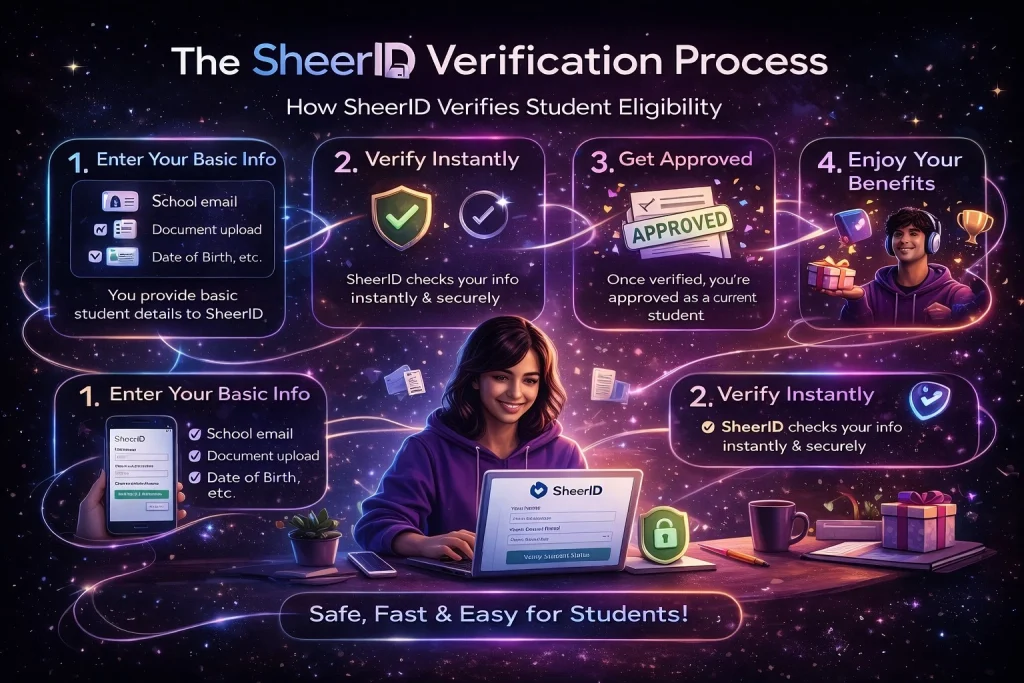 Google AI Pro for Students: What It Is, What It Offers, and What Comes Next 5 Infographic showing the SheerID student verification process, including entering details, instant verification, approval, and accessing benefits.