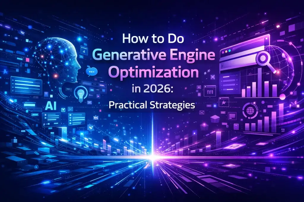GEO VS SEO: Understanding Generative Engine Optimization in 2026 3 Generative Engine Optimization strategies 2026 illustration with AI and search technology concept