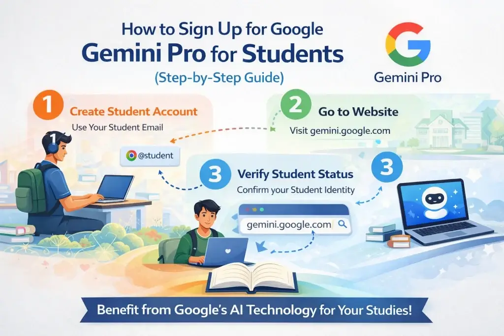 Step-by-step infographic showing how students can sign up for Google Gemini Pro, including account creation, website visit, verification, and access.