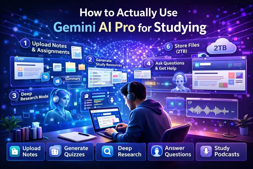 Student using Google Gemini AI Pro for studying with features like note upload, quizzes, deep research, and AI assistance