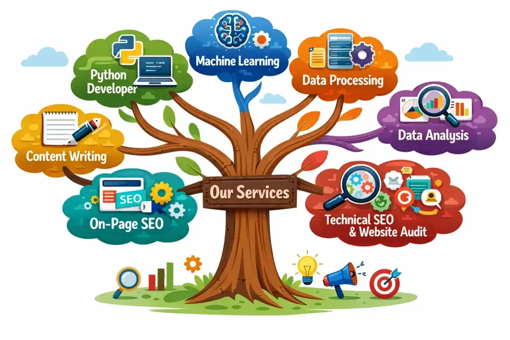 Digital services tree: Python, Machine Learning, Data Analysis, SEO, Content Writing & Website Audit