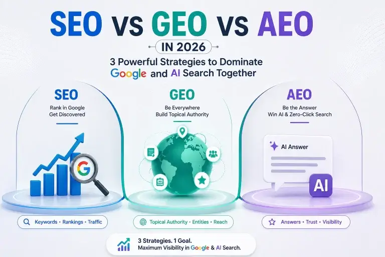 SEO vs GEO vs AEO 2026 infographic showing modern strategies to dominate Google and AI search with ranking, authority, and answer optimization.