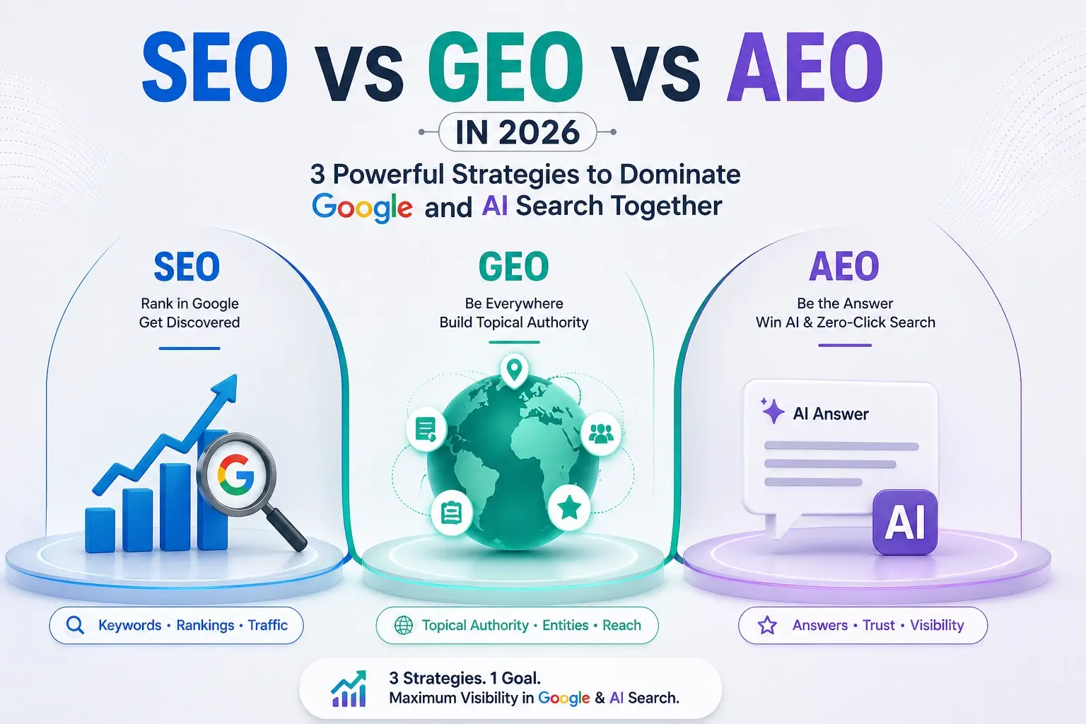 SEO vs GEO vs AEO 2026 infographic showing modern strategies to dominate Google and AI search with ranking, authority, and answer optimization.