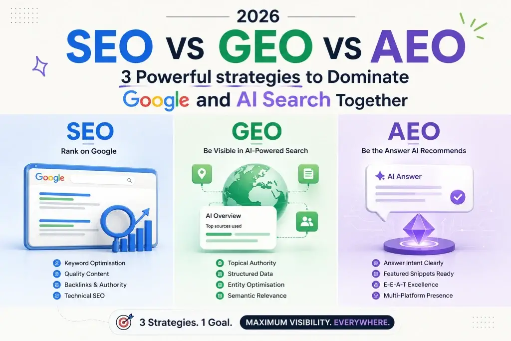 SEO vs GEO vs AEO infographic showing 3 strategies to dominate Google and AI search in 2026