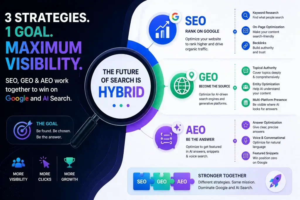 SEO GEO AEO infographic showing hybrid search strategy combining Google ranking, AI search optimization, and content authority for maximum visibility.