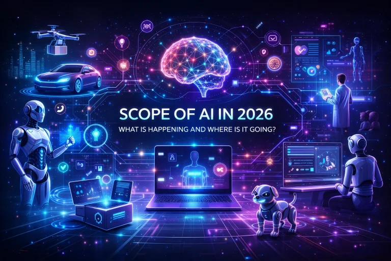 Futuristic Scope AI in 2026 concept showing brain network, robotics, and smart technology in 2026.