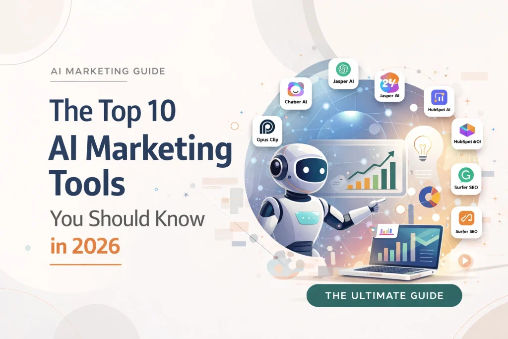 top 10 ai marketing tools 2026 robot analytics dashboard digital marketing automation tools illustration