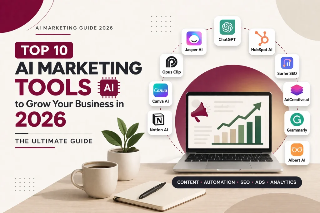 top ai marketing tool 2026 infographic laptop workspace business growth analytics ai tools