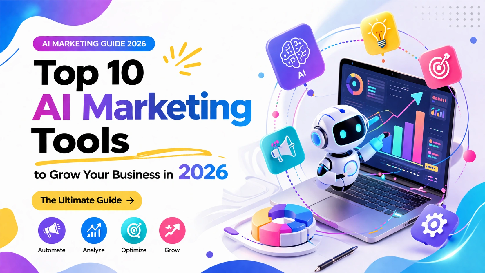 ai marketing tools 2026 robot illustration digital marketing automation analytics dashboard