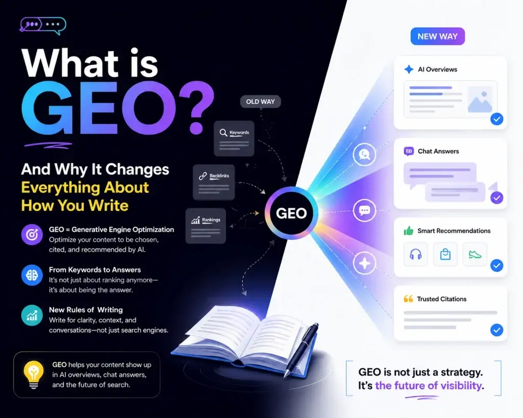What is GEO infographic explaining generative engine optimization and its impact on AI search and content writing