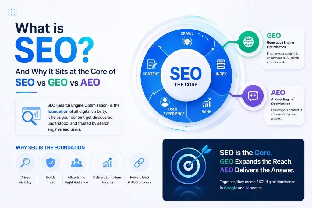 What is SEO infographic showing how SEO forms the core of SEO vs GEO vs AEO with modern visual elements and digital marketing concepts.