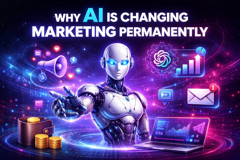 Futuristic AI robot transforming digital marketing with automation, analytics, email marketing, and growth strategy visualization