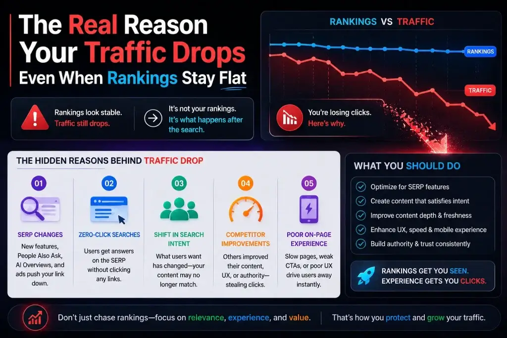 Traffic drop infographic showing why website traffic decreases even when rankings stay stable, including SERP changes, zero-click searches, and user intent shifts.