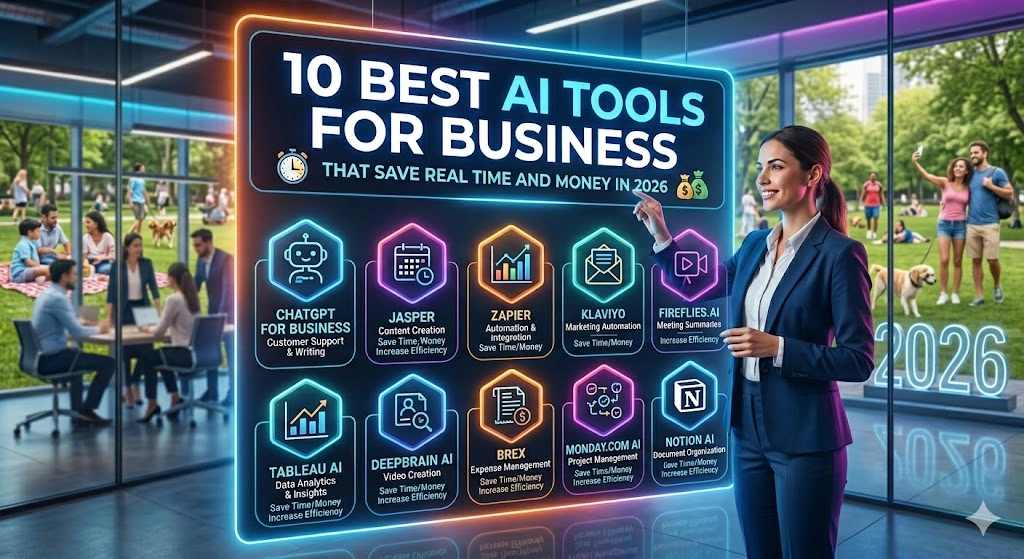 A professional woman interacting with a futuristic neon digital display showing the 10 best AI tools for business in 2026, featuring ChatGPT, Jasper, Zapier, and Notion AI in a modern office setting.