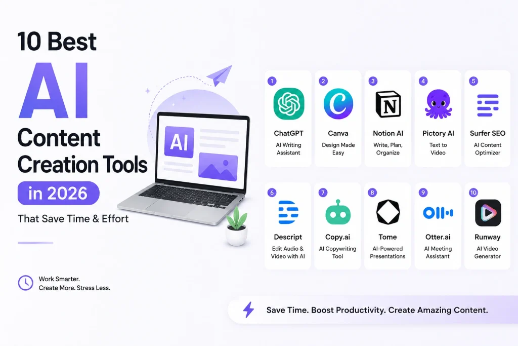 Modern AI content creation tools infographic featuring ChatGPT, Canva, Notion AI, Copy.ai, Runway, and other AI productivity platforms in 2026.