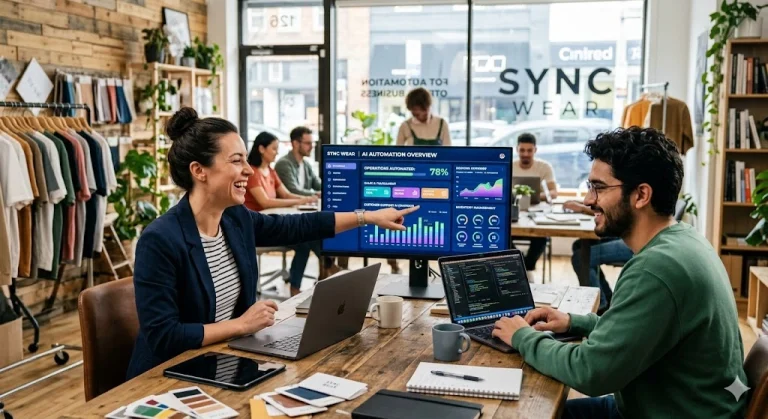 Modern small business clothing store using AI automation dashboard and laptops to track sales and inventory data.