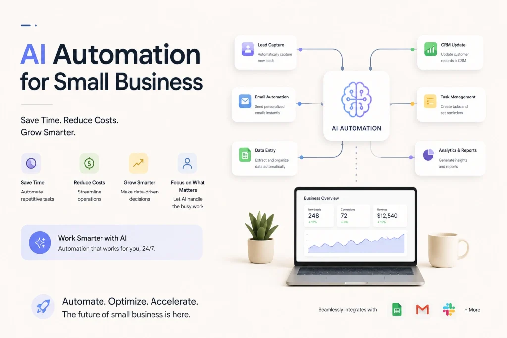 Modern AI automation for small business dashboard with workflow icons, analytics, CRM integration, and productivity tools.Modern AI automation for small business dashboard with workflow icons, analytics, CRM integration, and productivity tools.