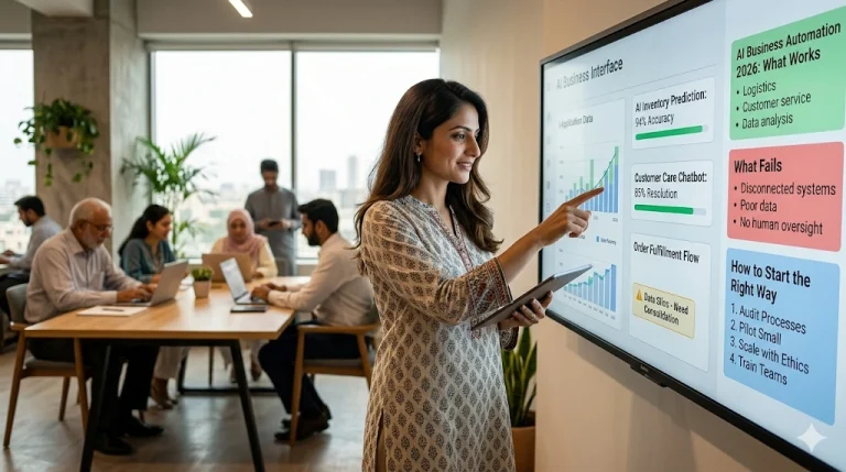 A professional South Asian woman in a modern office using a large digital touchscreen displaying AI automation metrics, charts, and business strategy text for 2026.