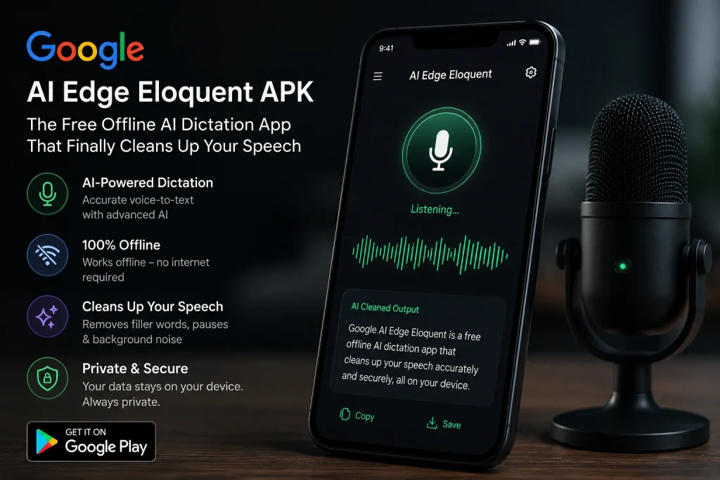 AI Edge Eloquent APK offline voice dictation app with smartphone and microphone modern UI