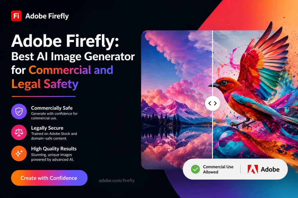 Modern Adobe Firefly promotional banner showcasing AI image generation for commercial and legal safety with colorful AI artwork, vibrant bird illustration, and creative design elements.
