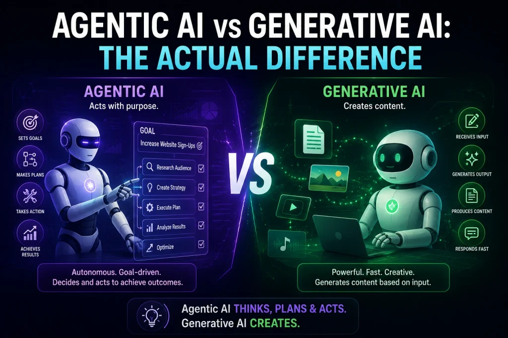 Futuristic comparison graphic showing Agentic AI vs Generative AI with two advanced AI robots, glowing neon effects, business strategy icons, and content creation visuals.