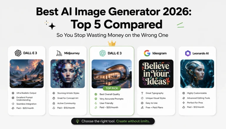 Modern infographic comparing the best AI image generators in 2026 including DALL·E 3, Midjourney, Ideogram, and Leonardo AI with feature highlights and futuristic design elements.