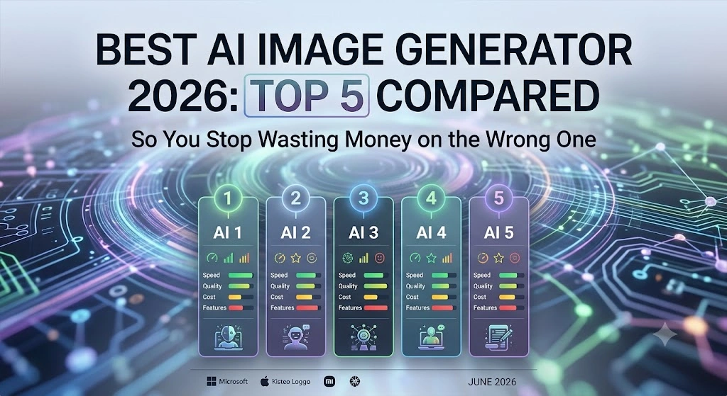 Infographic comparing the top 5 AI image generators in 2026, showing a side-by-side rating of speed, quality, cost, and features against a futuristic digital circuit backgroun