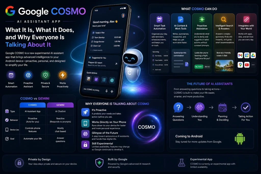 Google COSMO AI assistant app interface showing smart task automation, proactive features, and futuristic AI design on Android