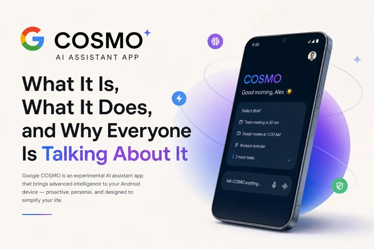 Google COSMO AI Assistant app interface showing smart task automation and proactive features on Androi