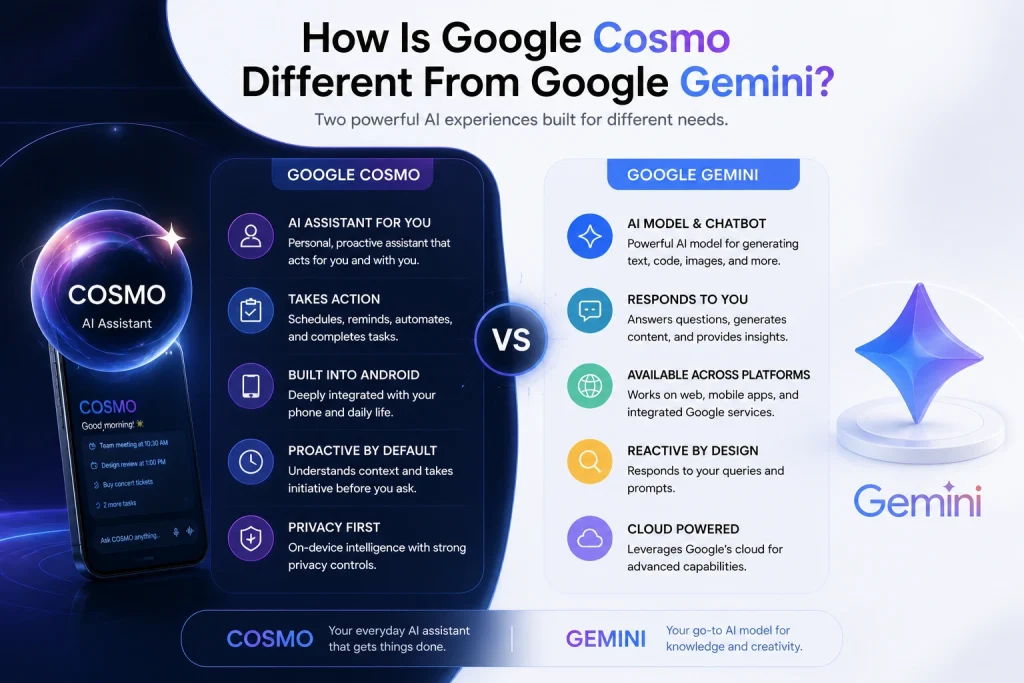 Google Cosmo vs Google Gemini comparison infographic showing features and differences between AI assistant and AI model