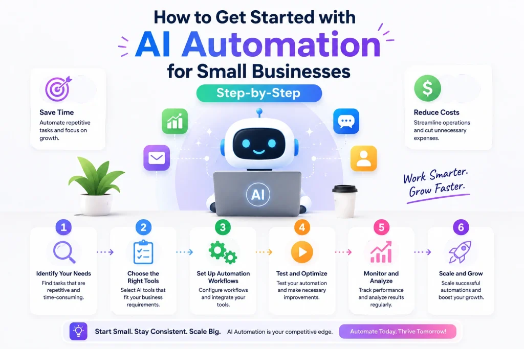 Step-by-step AI automation guide for small businesses featuring a modern AI robot, workflow icons, productivity tools, and business growth strategy.