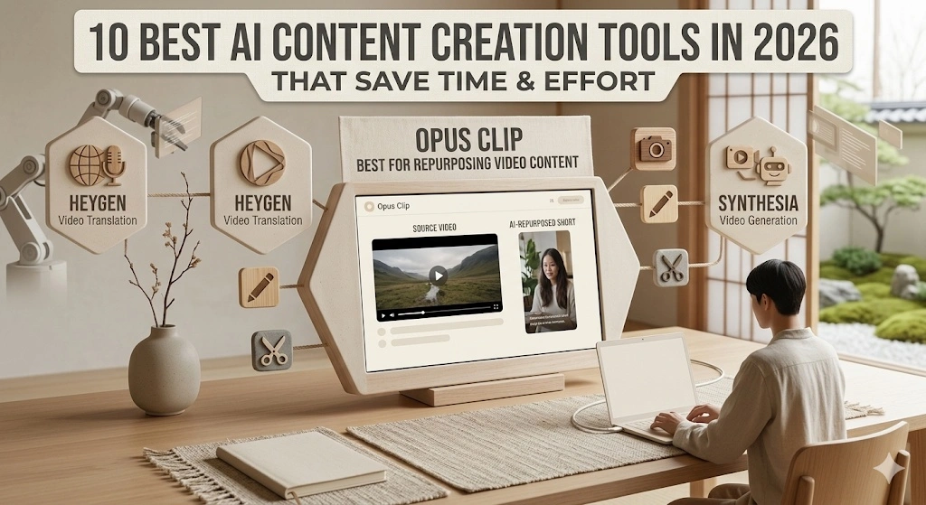Opus Clip video repurposing tool infographic. Minimalist Muji style tech graphic featuring AI video editing, short-form content creation, and natural workspace design.